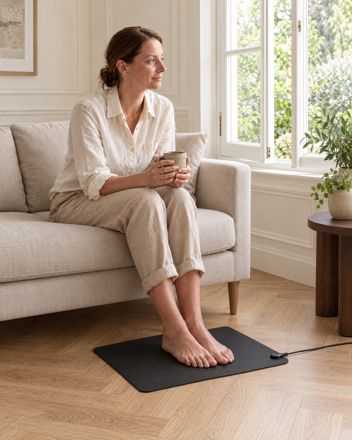 Femme assise sur un canapé, pieds nus sur le tapis de mise à la terre Ancorya, face à une fenêtre ouverte sur le jardin Image