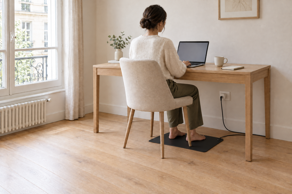 Même bureau, tapis de mise à la terre Ancorya sous les pieds, branché à la prise murale