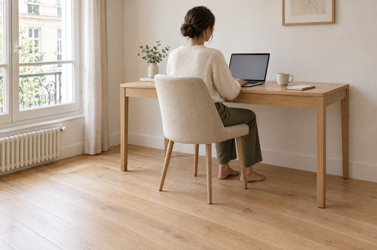 Bureau à la maison, pieds nus sur le parquet, sans tapis de mise à la terre