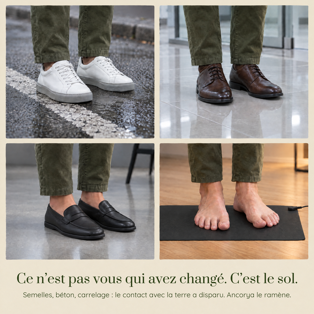 Une journée en semelles : baskets sur bitume, chaussures sur carrelage et béton, puis pieds nus sur le tapis de mise à la terre Ancorya. Ce n'est pas vous qui avez changé, c'est le sol.