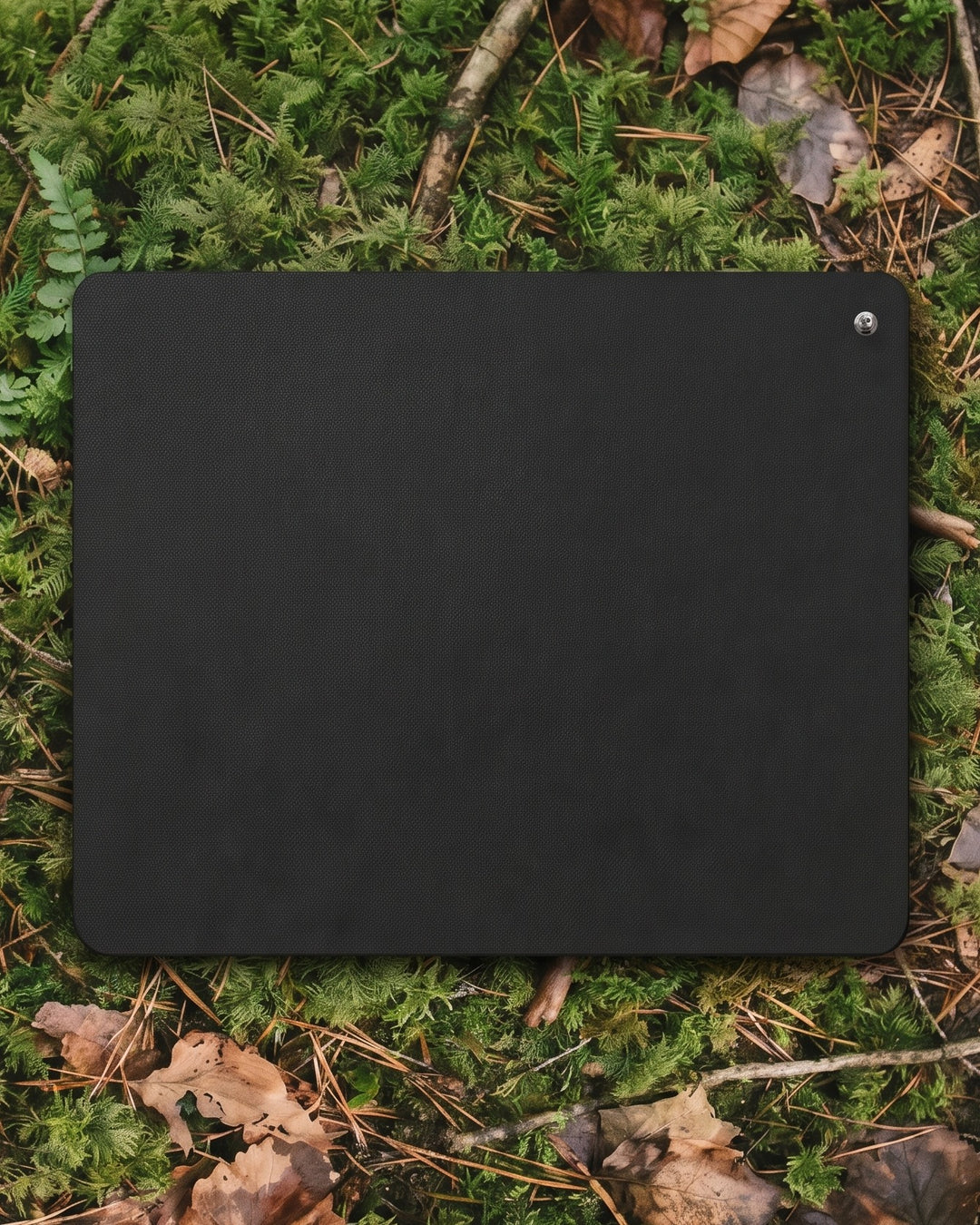Tapis de mise à la terre Ancorya posé sur un sol de forêt, vu du dessus, format mobile recadré