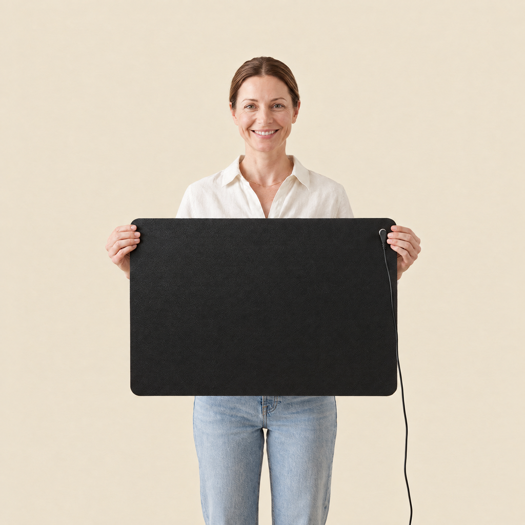 Une femme présente le tapis de mise à la terre Ancorya face caméra, cordon noir clipsé sur le bouton pression.